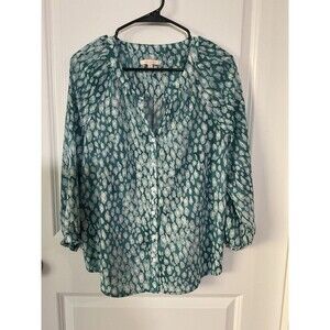 Skies Are Blue Teal White Leopard Print Button Up Long Sleeve‎ Blouse Women's M